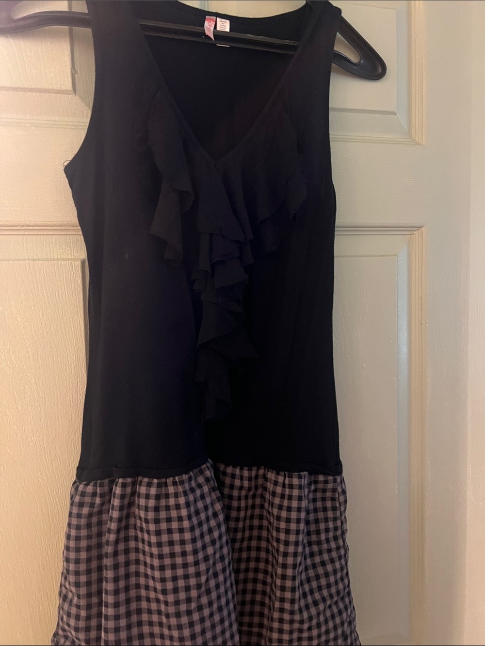 6 degrees Black Ruffle V-Neck Mini Dress with Gingham Hem
